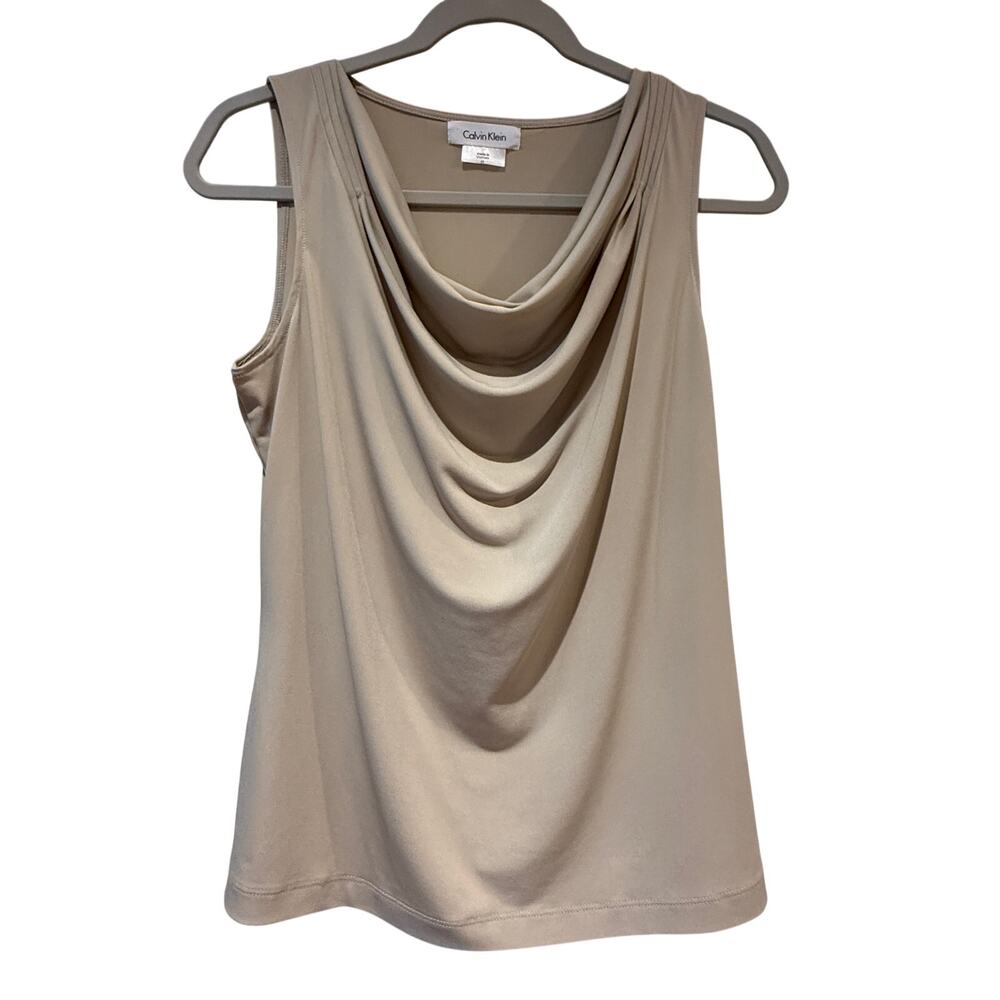 Calvin Klein Sz M Tan Sleeveless Blouse Draped Cowl Neckline Top | EUC